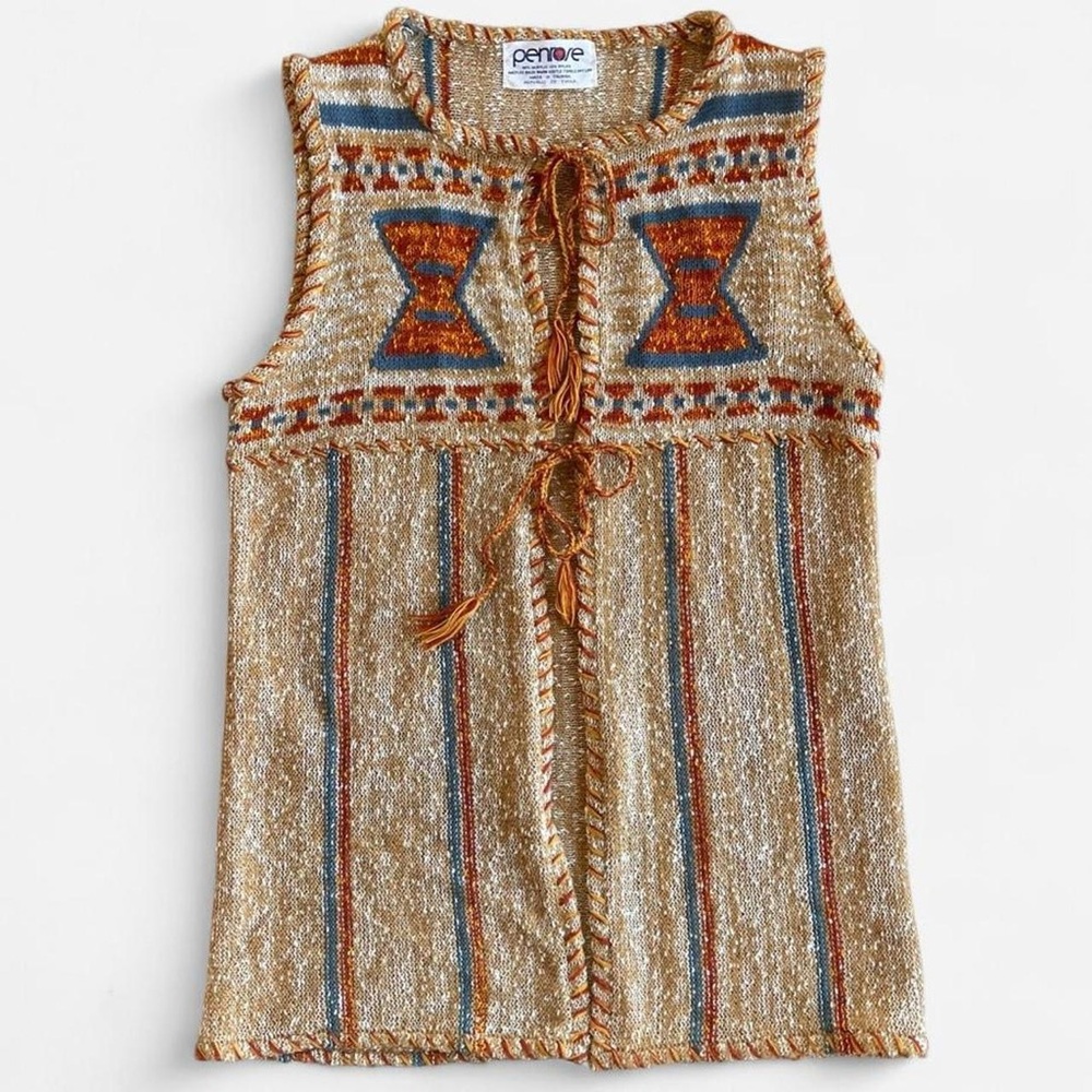 Vintage Penrose 60s 70s Boho Bohemian Hippie Tie Front Vest Tan Orange Blue Knit